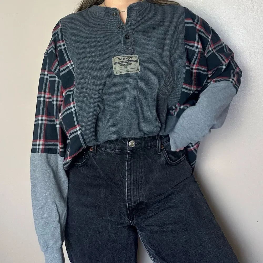 Reworked Vintage Wrangler Long Sleeve Henley Plaid Flannel Western Shirt Top
